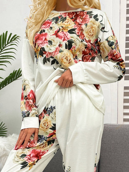 Printed Round Neck Top and Pants Lounge Set