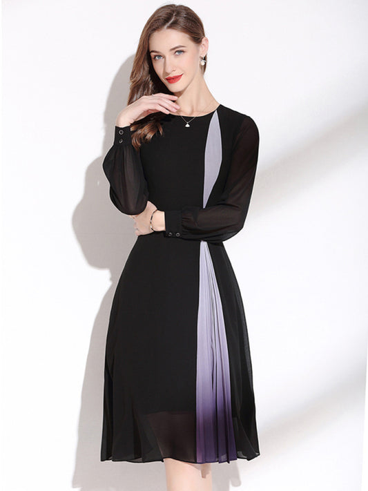 Round Neck Long Sleeve Nipped Waist Chiffon Dress