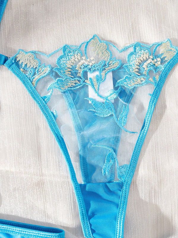 Lace embroidery flower see-through underwear and garter set