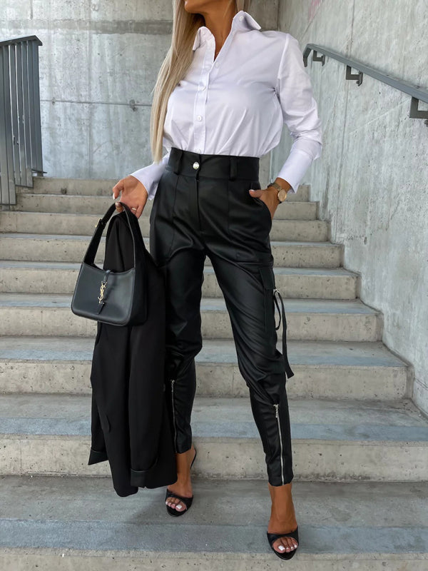 Slim Fit PU Leather Waist Leg Pants