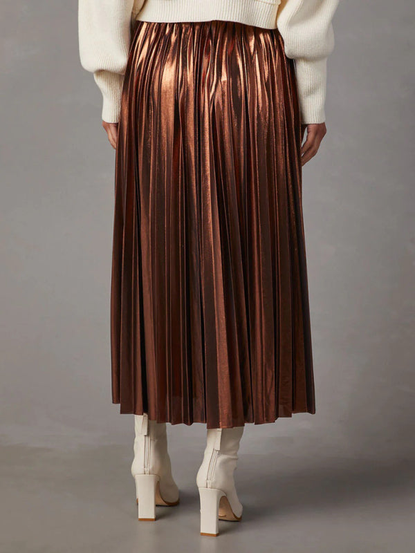 Shiny pleated high-waisted A-line mid-length skirt