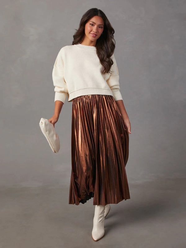 Shiny pleated high-waisted A-line mid-length skirt