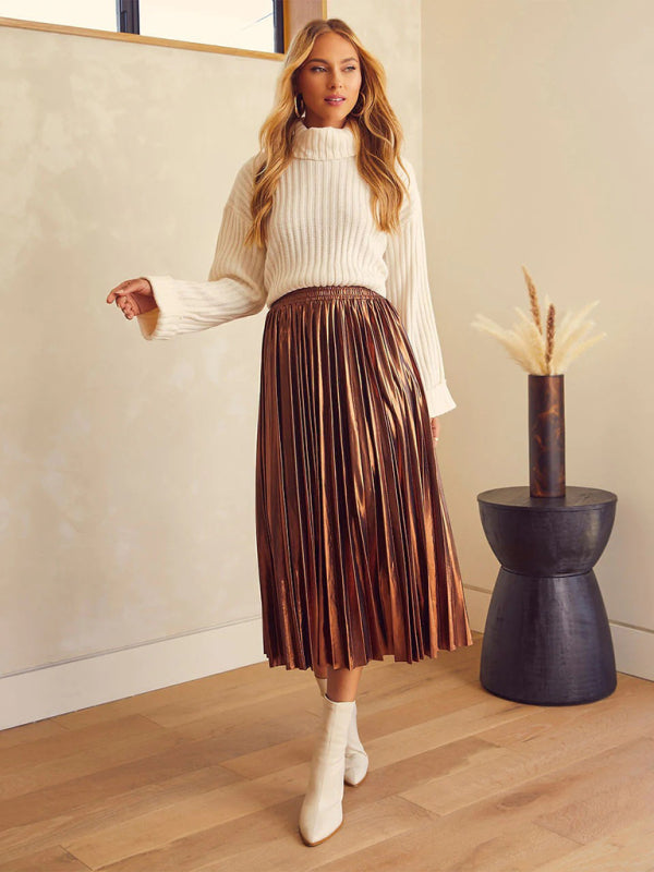 Shiny pleated high-waisted A-line mid-length skirt