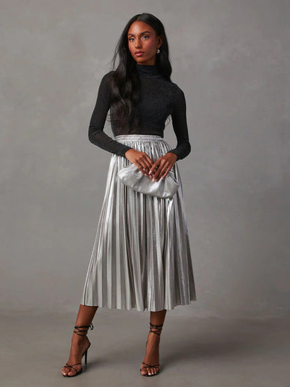 Shiny pleated high-waisted A-line mid-length skirt