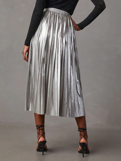 Shiny pleated high-waisted A-line mid-length skirt