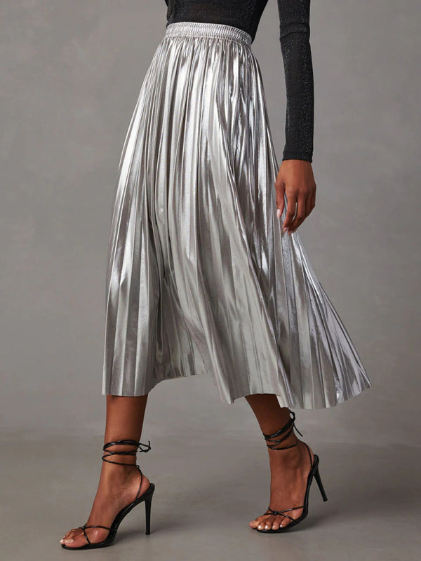 Shiny pleated high-waisted A-line mid-length skirt