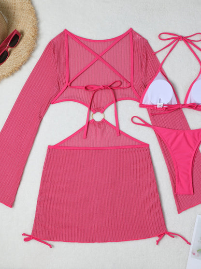 Mesh hollow drawstring swimsuit and cover up set