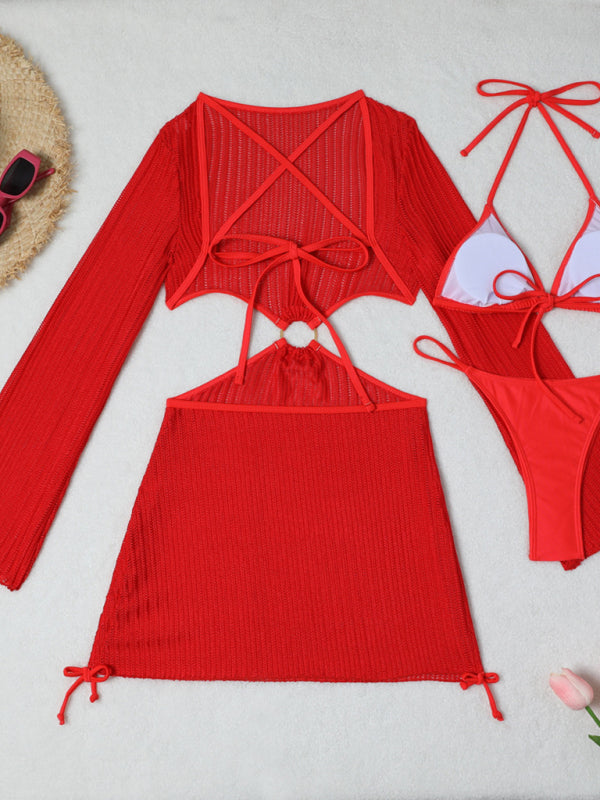 Mesh hollow drawstring swimsuit and cover up set