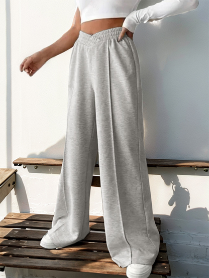 Casual elastic V-neck high waist stitching wide leg pants