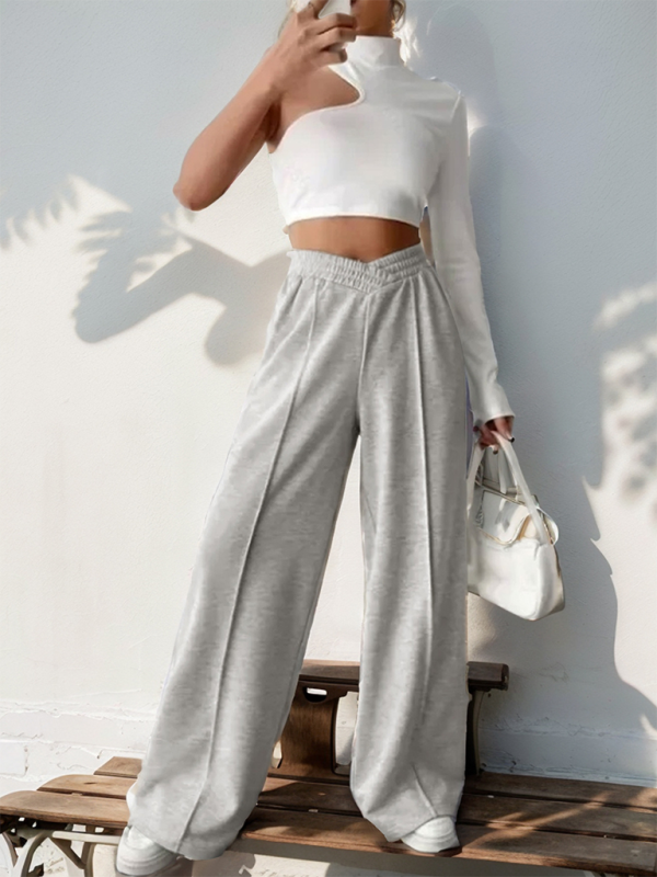 Casual elastic V-neck high waist stitching wide leg pants