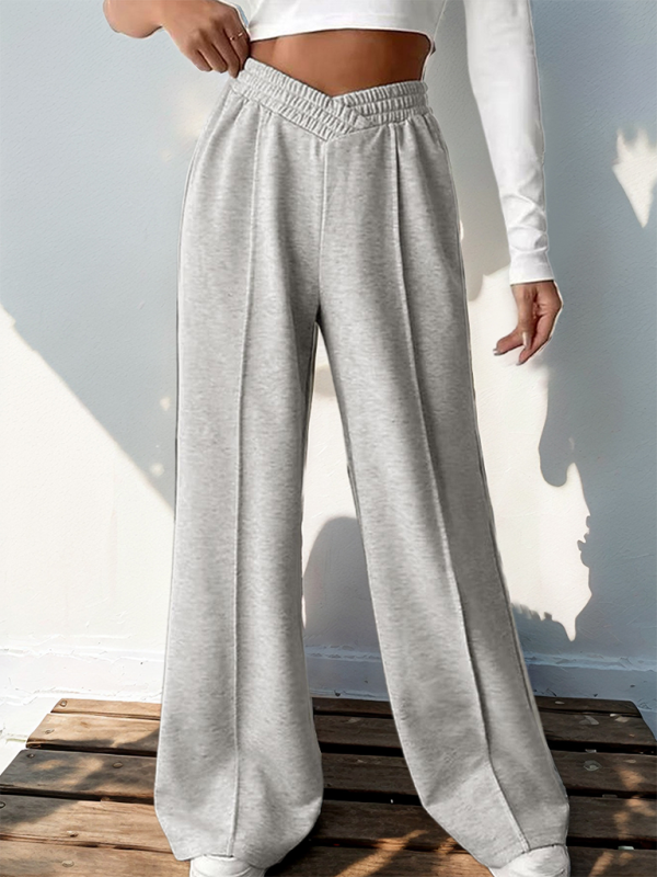 Casual elastic V-neck high waist stitching wide leg pants