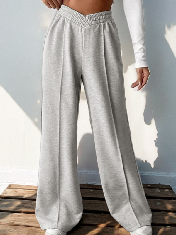 Casual elastic V-neck high waist stitching wide leg pants