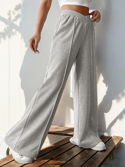 Casual elastic V-neck high waist stitching wide leg pants