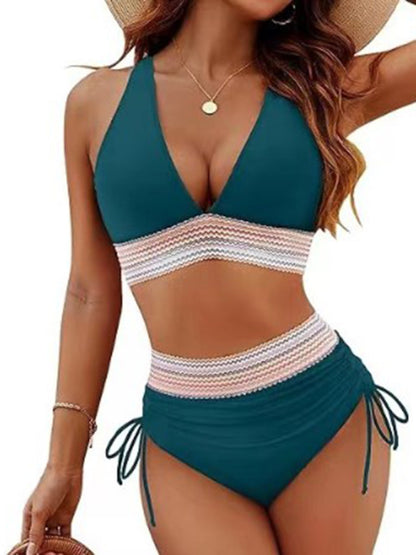 High waist two piece set V neck tie bikini